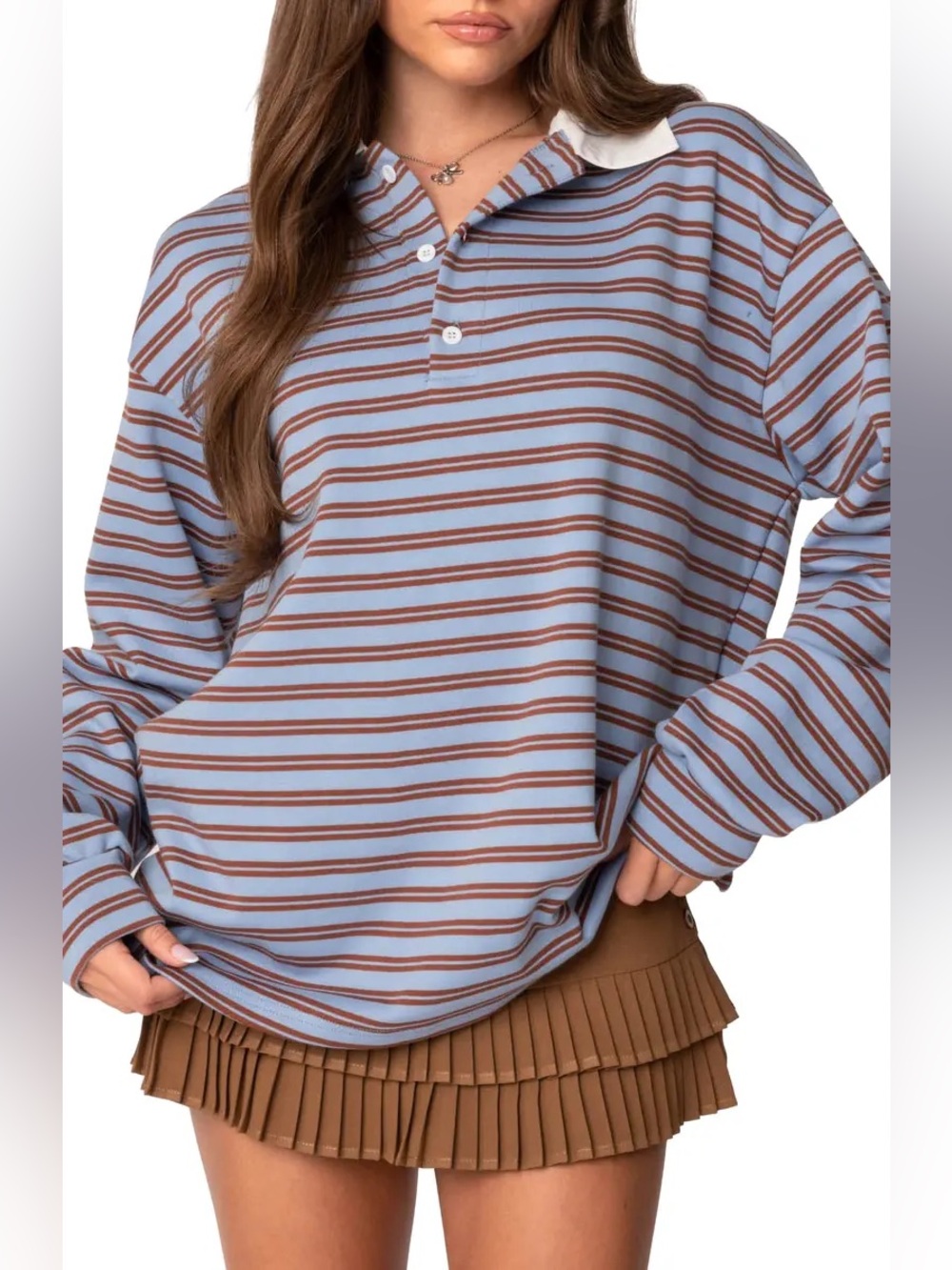 Edikted Oversized Stripey collar Rugby Shirt NWT Size XL Blue Brown Preppy